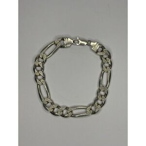 Heavy 925 Sterling Silver Figaro Bracelet 9" Textured Italian Chain